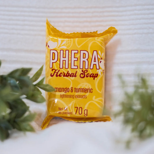 Yellow package of PHERA Herbal Soap with text on a white background