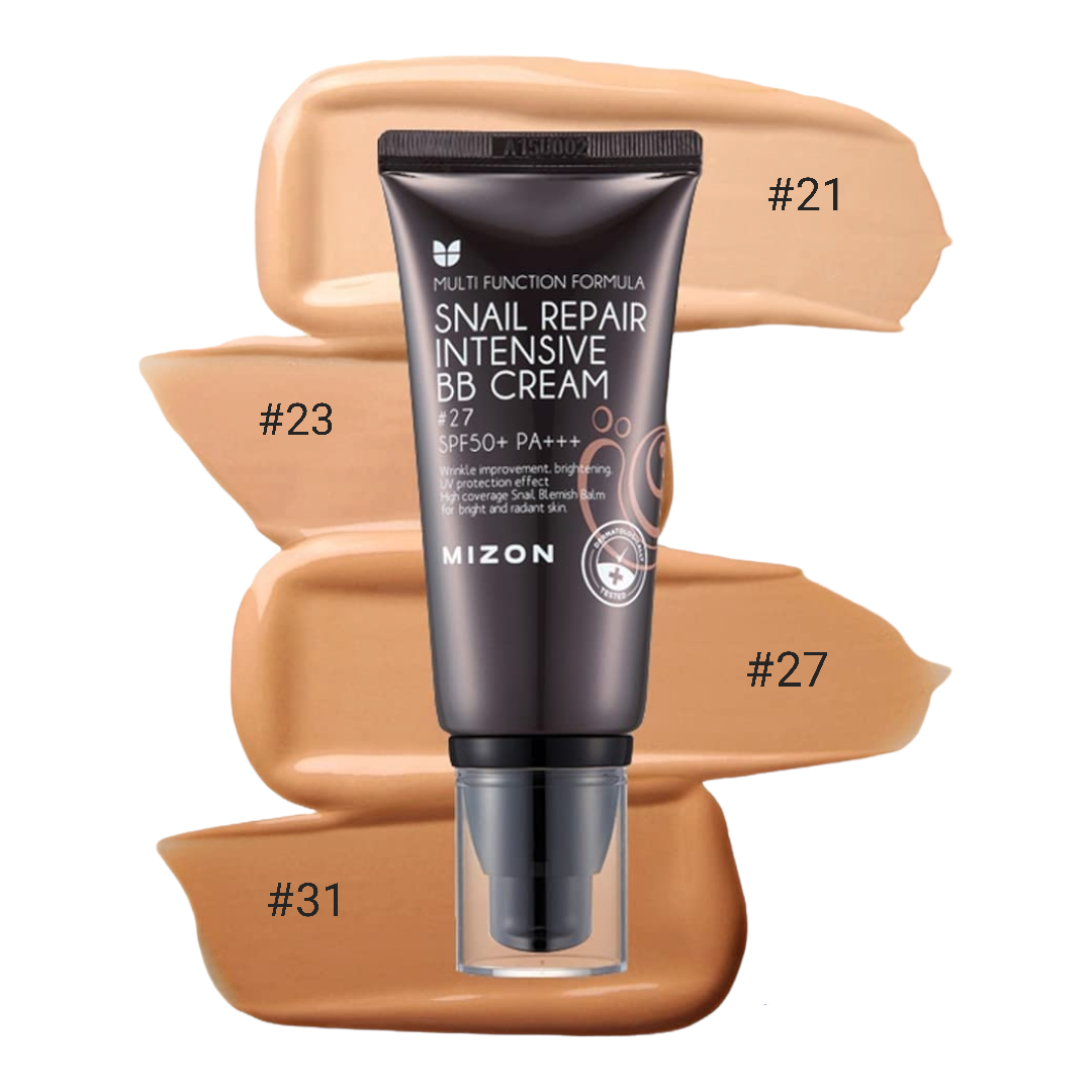 A tube of MIZON Snail Repair Intensive BB Cream with color swatches below showing different shades.