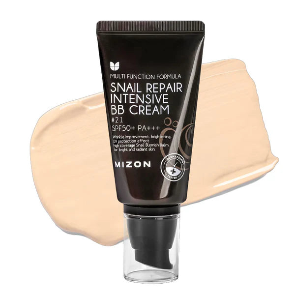 Mizon Snail Repair Intensive BB Cream with a swatch of cream on a white background