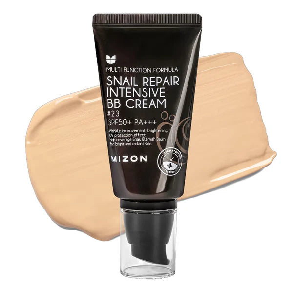 Mizon snail repair intensive BB cream tube with a swatch of beige color on a white background