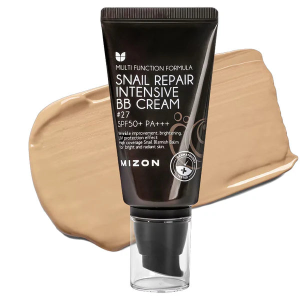 Mizon Snail Repair Intensive BB Cream tube with beige cream swatch on a white background