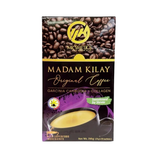 Box of Madam Kilay Original Coffee with coffee beans on a white background
