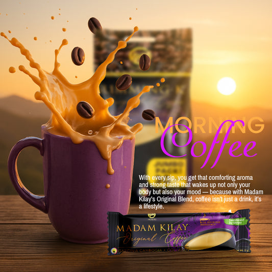 Purple mug with coffee splashing out, coffee beans, and Madam Kilay coffee package on a wooden surface with sunset background.