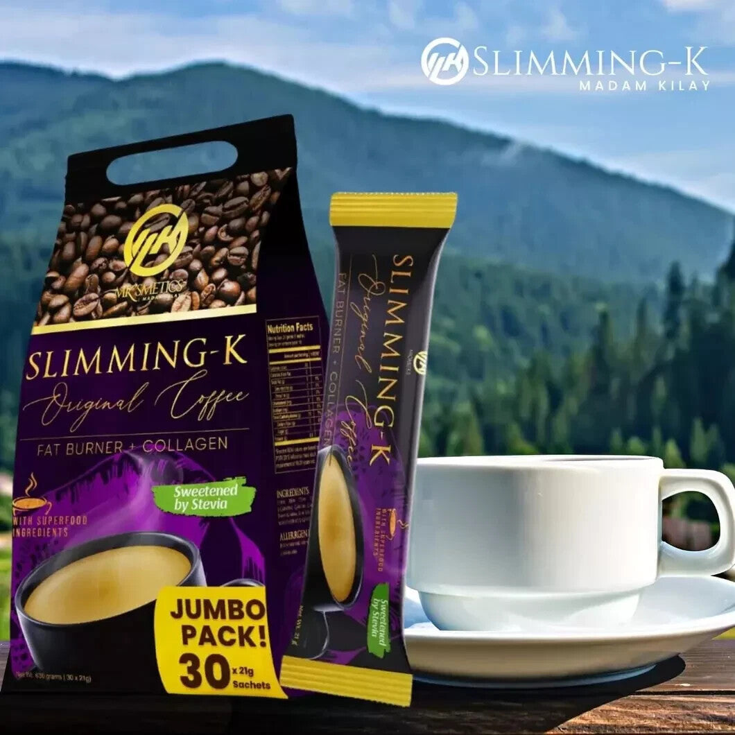 Slimming-K coffee packaging with a cup and saucer against a mountainous background