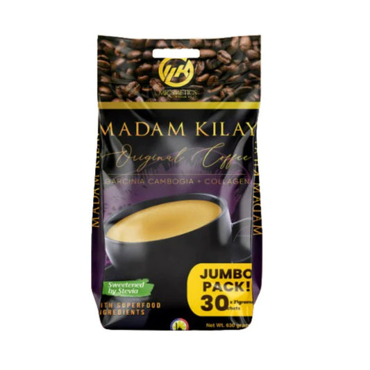 Madam Kilay coffee package with coffee beans and a cup on a white background