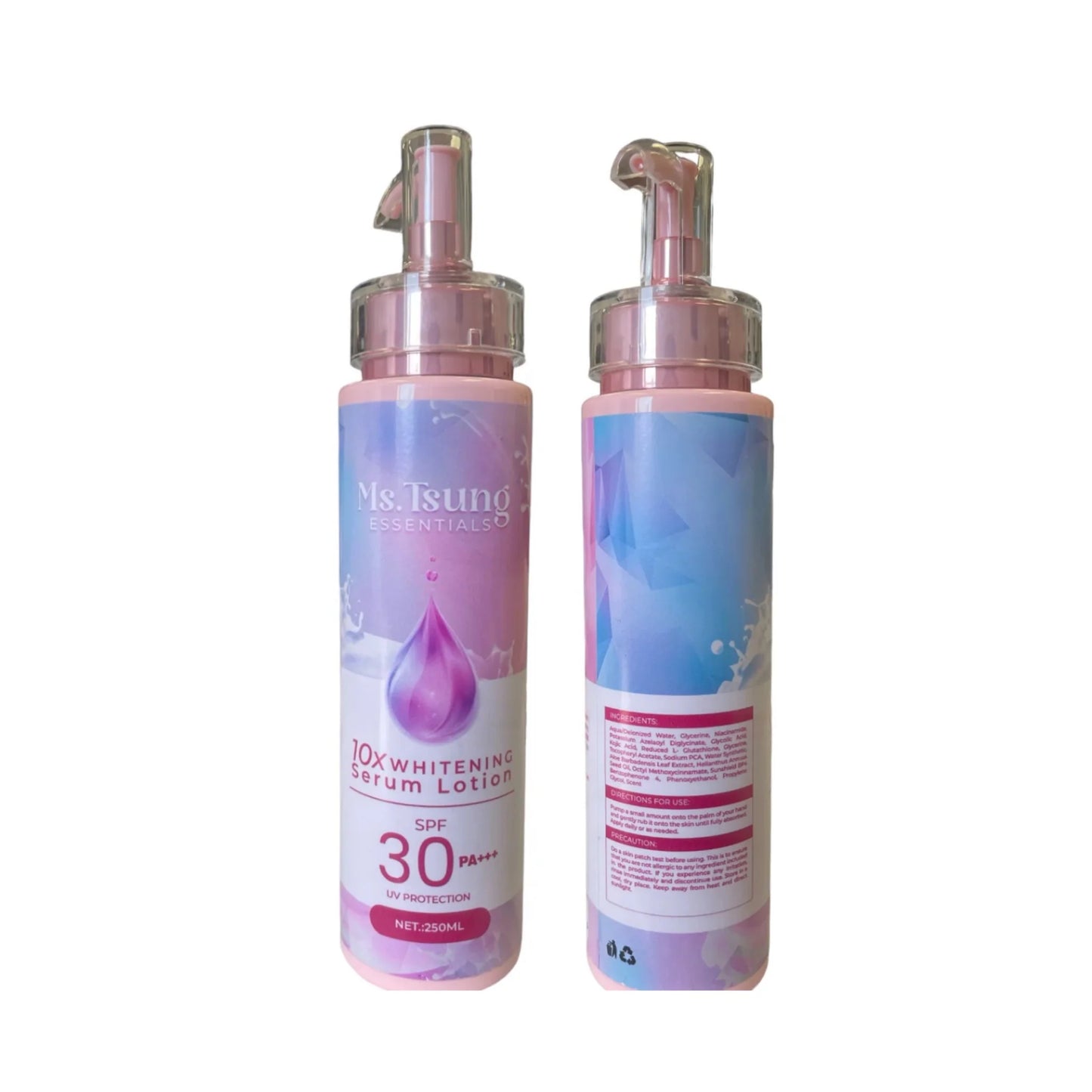 Two bottles of Whitening Serum Lotion with pump dispenser on a white background