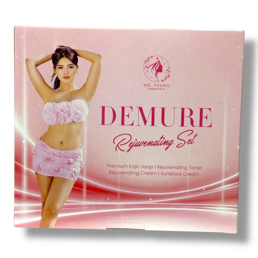 Product packaging for 'Demure Rejuvenating Set' with a model on a pink background