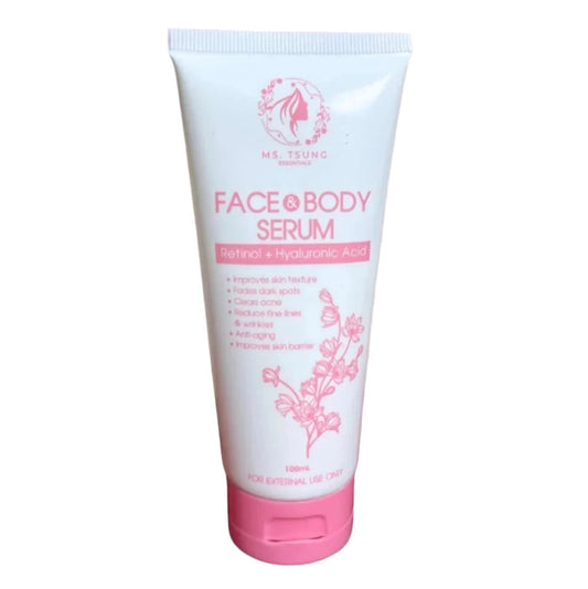 Face and body serum with a model on a pink background