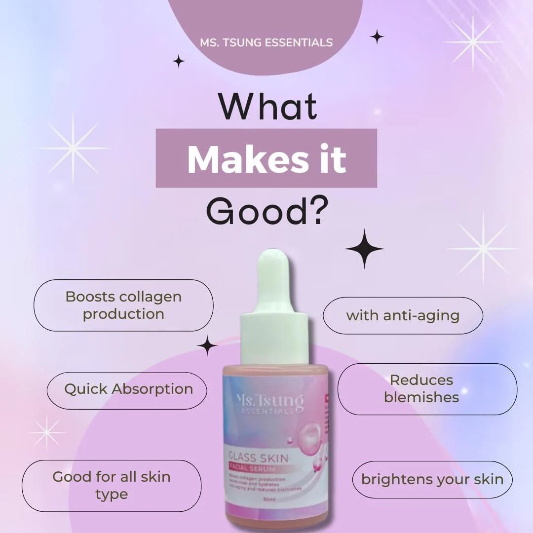 Bottle of Ms. Tsung Essentials serum with text highlighting benefits on a purple background