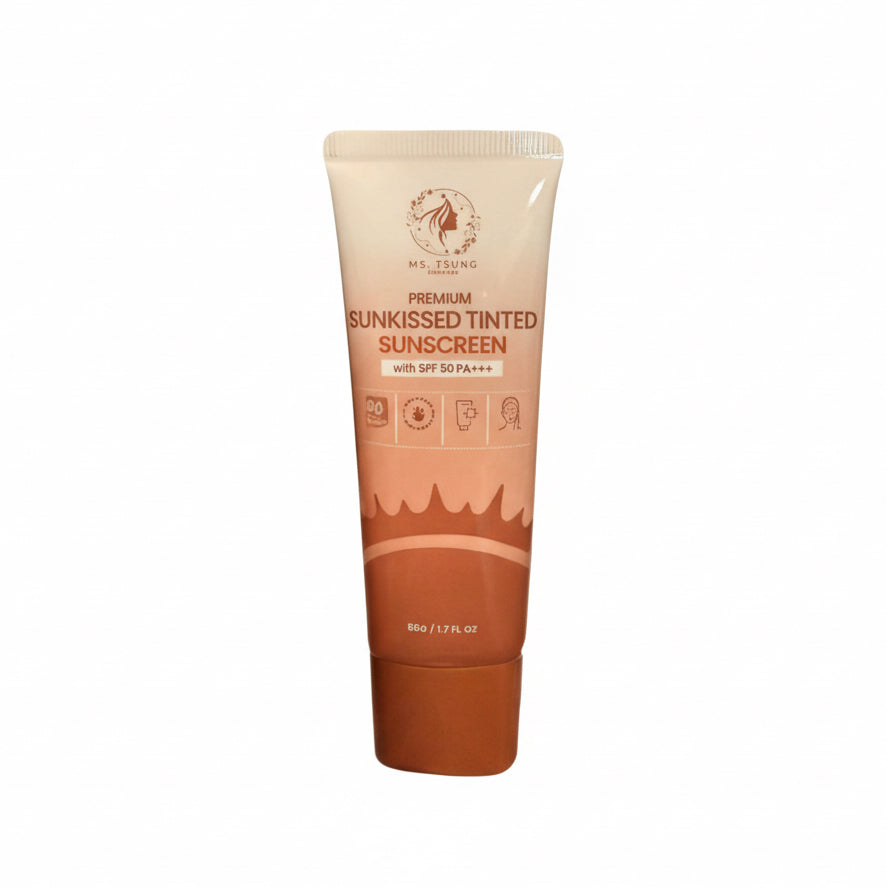 Tube of Ms. Young Premium Sunkissed Tinted Sunscreen on a beige background with product description text.