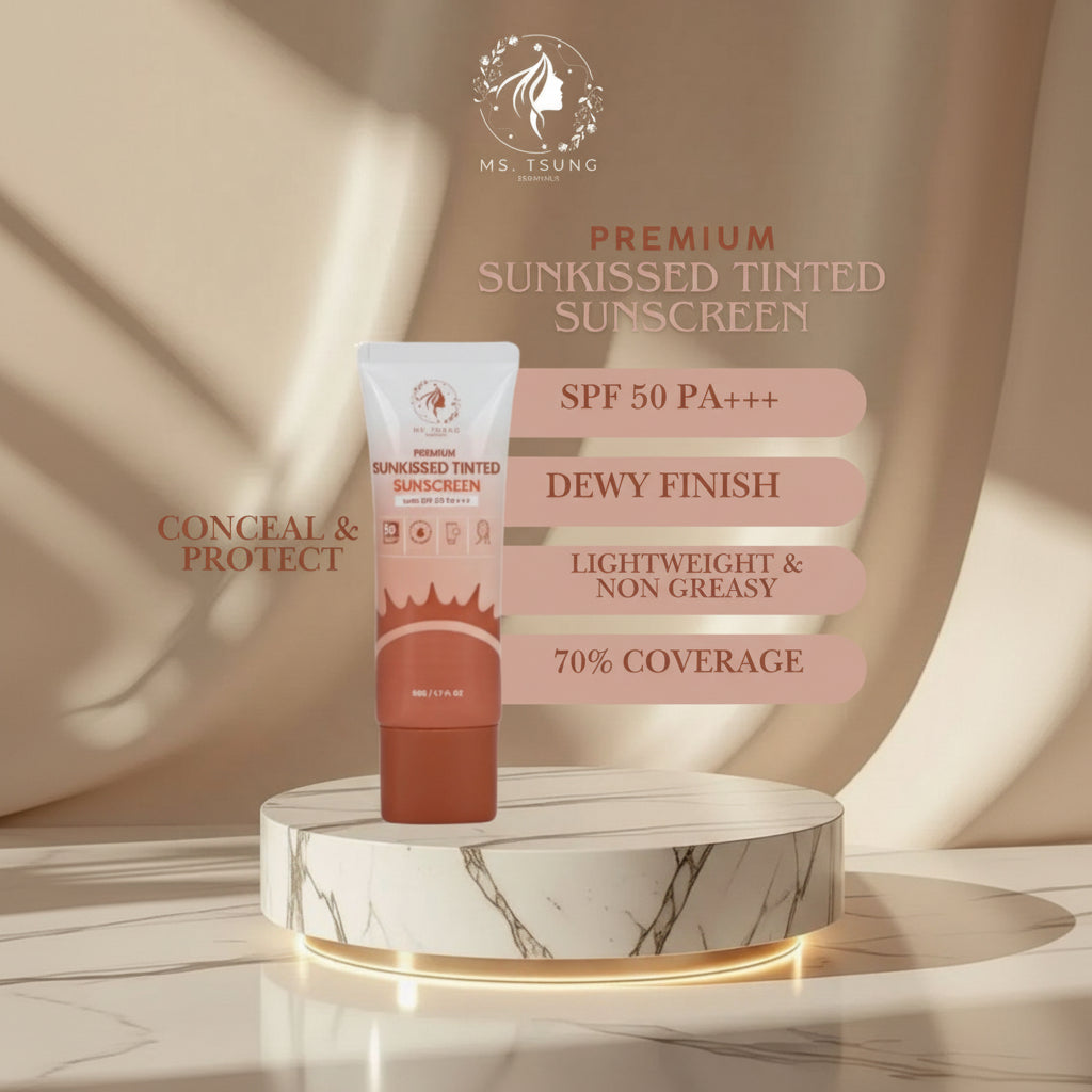 Sunscreen tube with product features on a marble platform