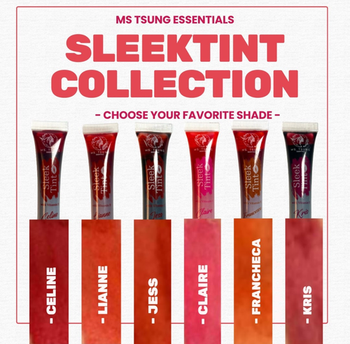 Lip tint collection with visible brand names on red stands against a white background.