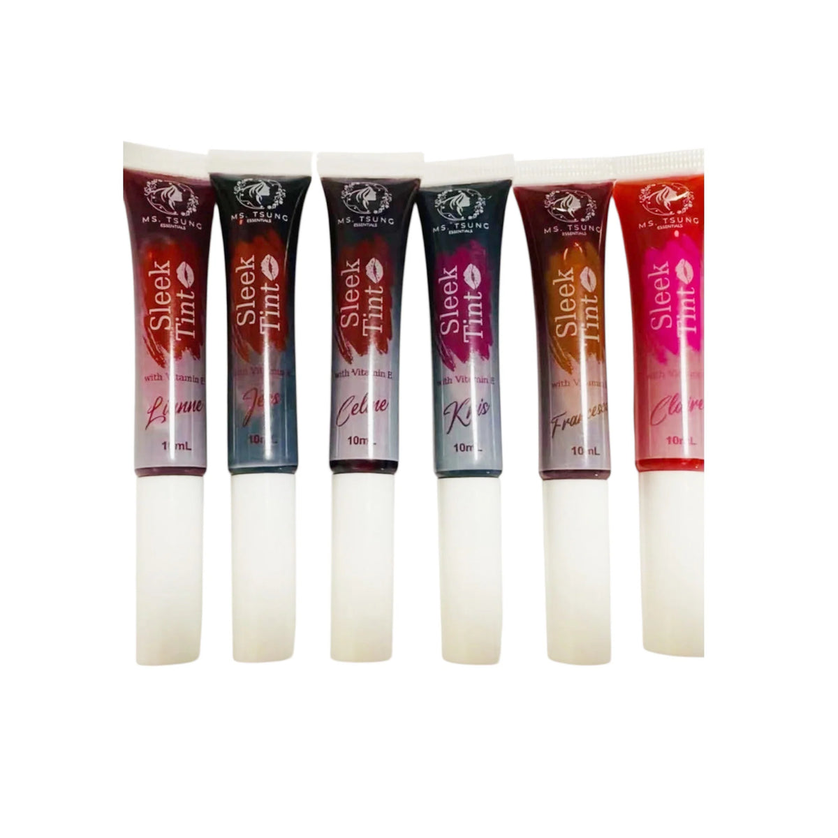 Set of six lip tint tubes with visible brand name on a white background
