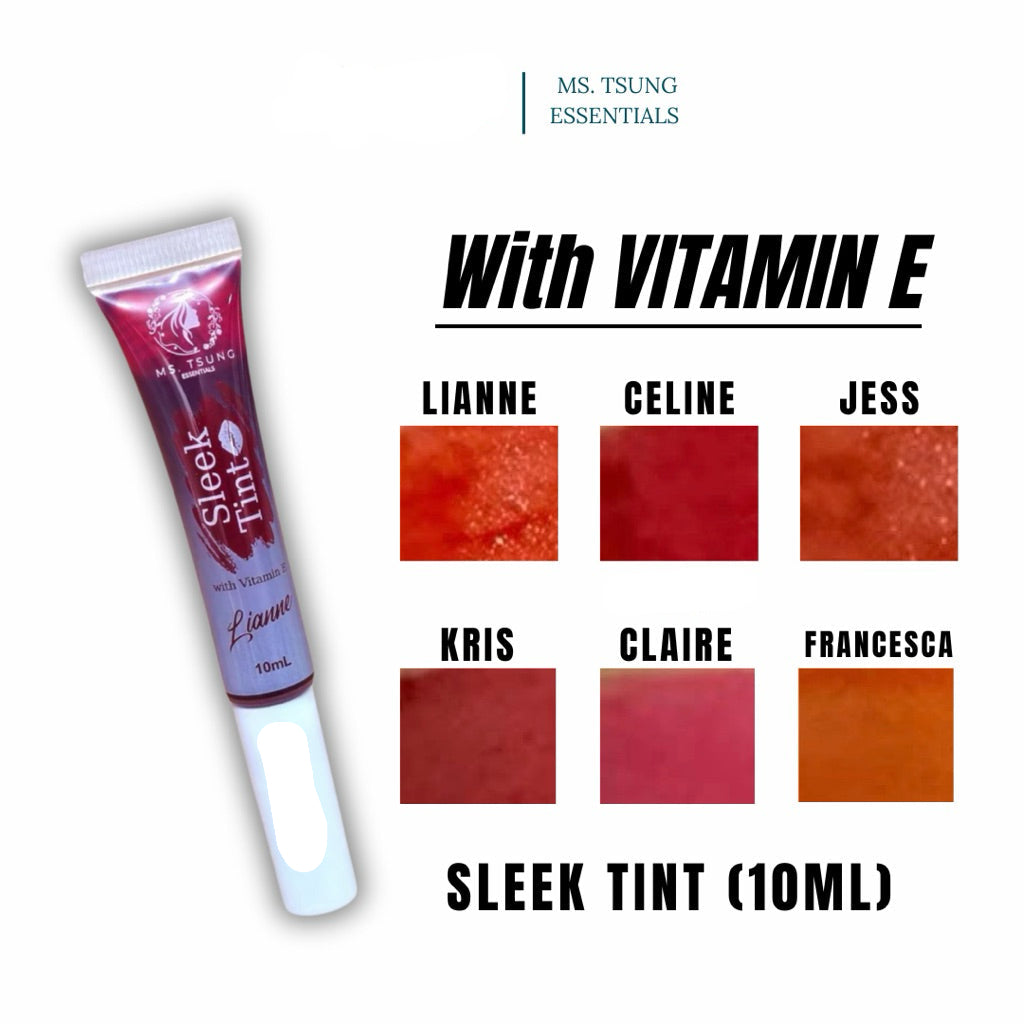 Revadel's Sleek Tint with Vitamin E and color swatches on a white background