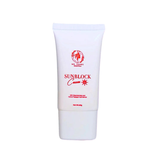 Sunblock cream tube with red logo and text on a white background