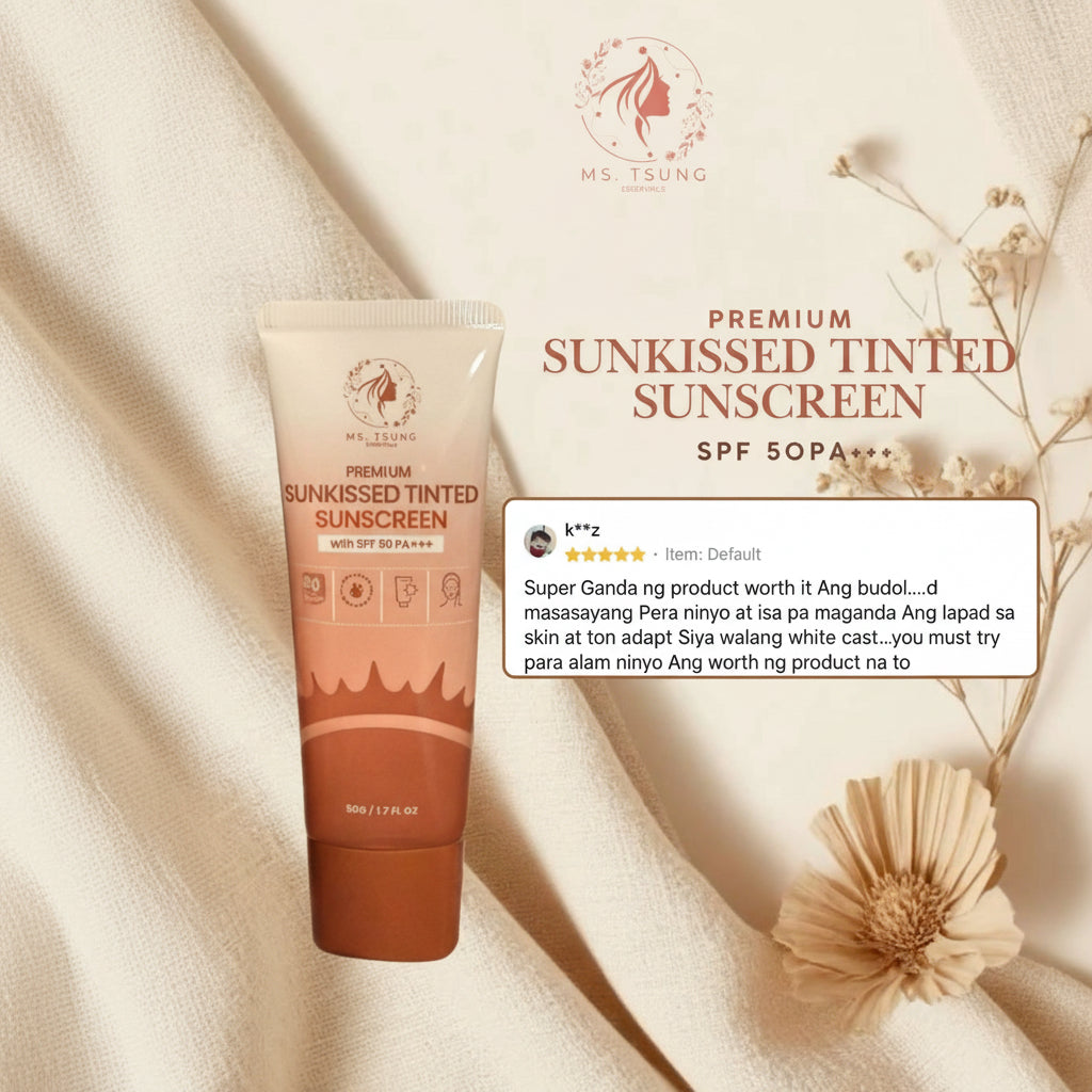Tube of Ms. Young Premium Sunkissed Tinted Sunscreen on a beige background with product description text.