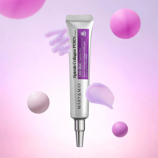 Skincare serum bottle with purple packaging on a pink and purple gradient background