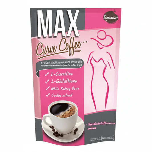 Max Curve Coffee package with pink and gray design on a white background