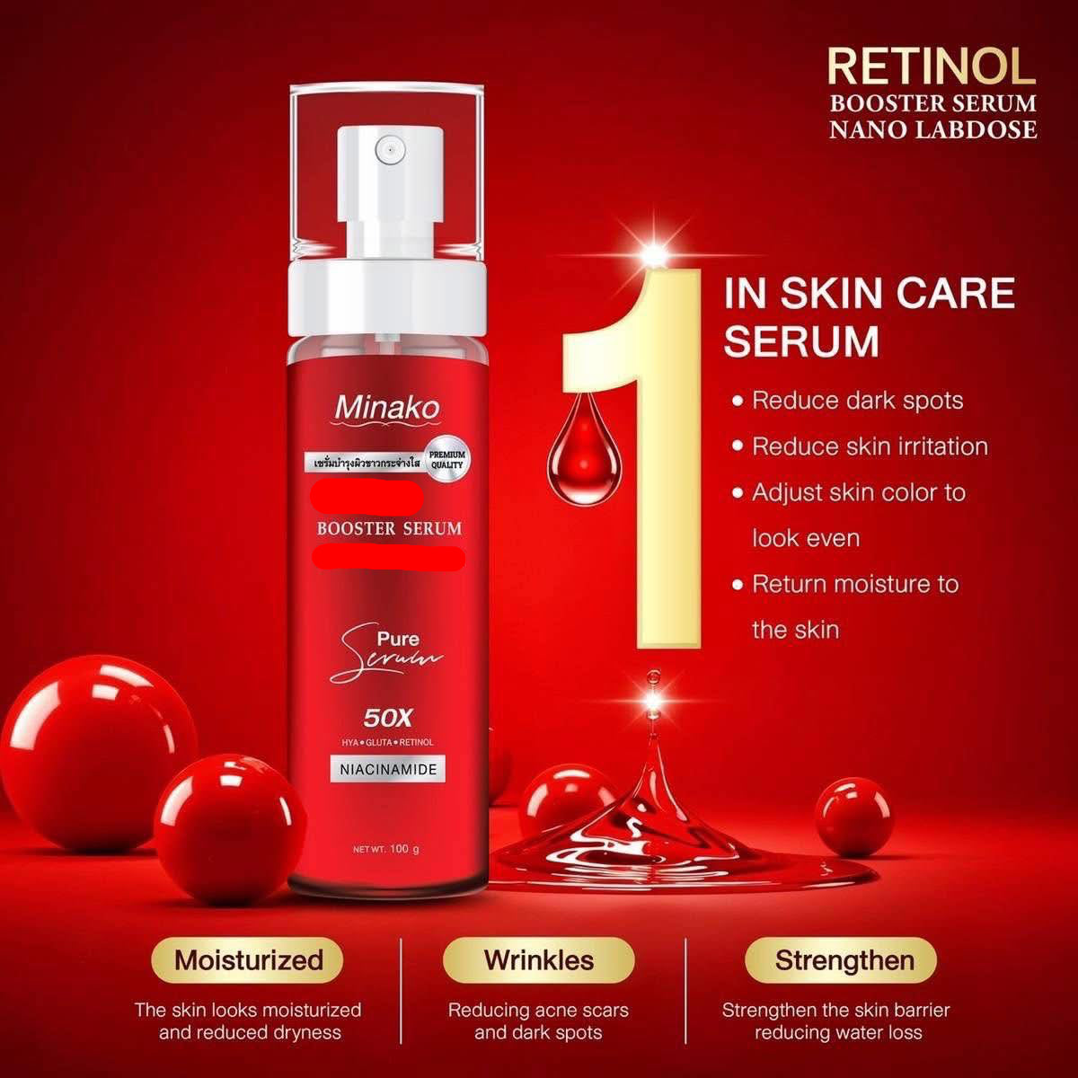 Red bottle of Minako Retinol Booster Serum on a red background with text highlighting serum benefits.