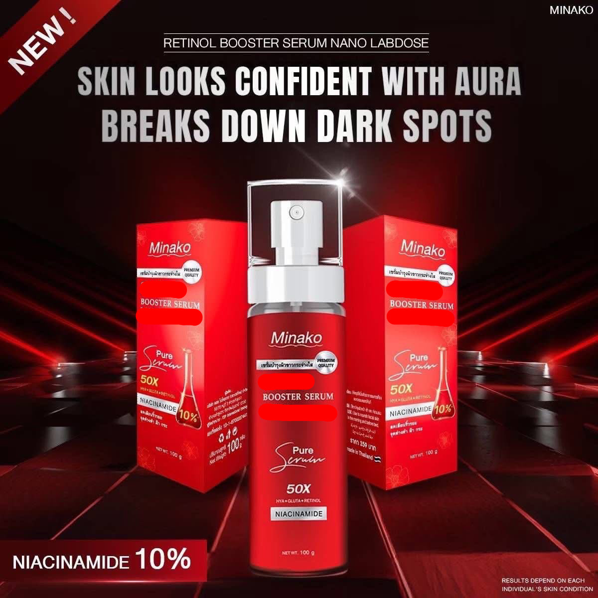 Minako Retinol Booster Serum Nano Labdose with red packaging and dark background