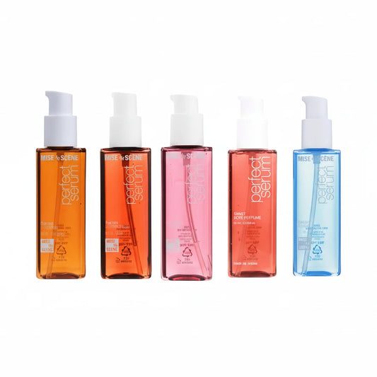 Five bottles of 'perfect serum' in different colors on a white background