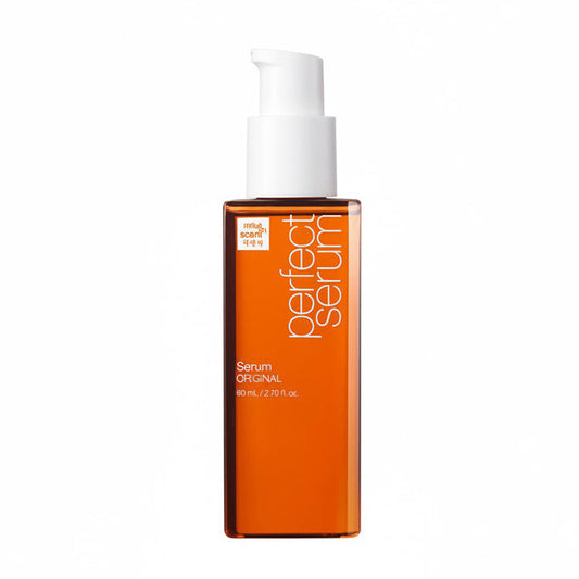 Orange serum bottle with white cap on a white background