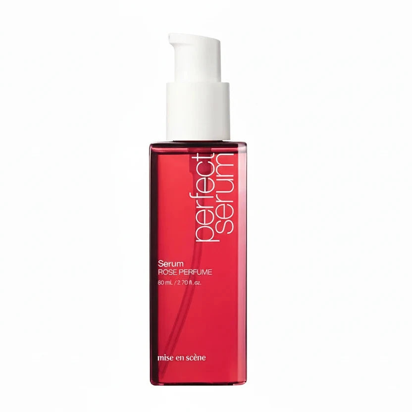Red serum bottle with white cap labeled 'perfect serum' on a white background