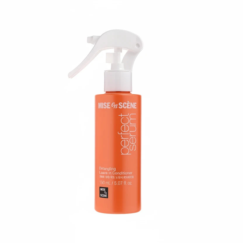 Orange bottle of Mise en Scène Perfect Serum on a white background