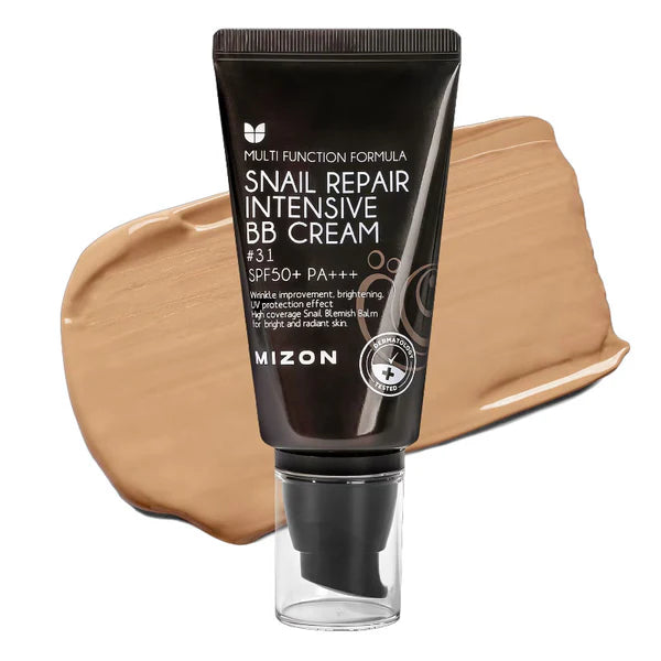 Mizon snail repair intensive BB cream tube with beige color swatch on a white background