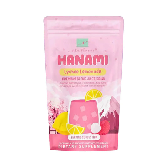 Pink package of Hanami Lychee Lemonade juice drink on a white background
