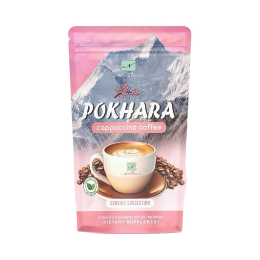 Pokhara cappuccino coffee package with mountain design on a white background