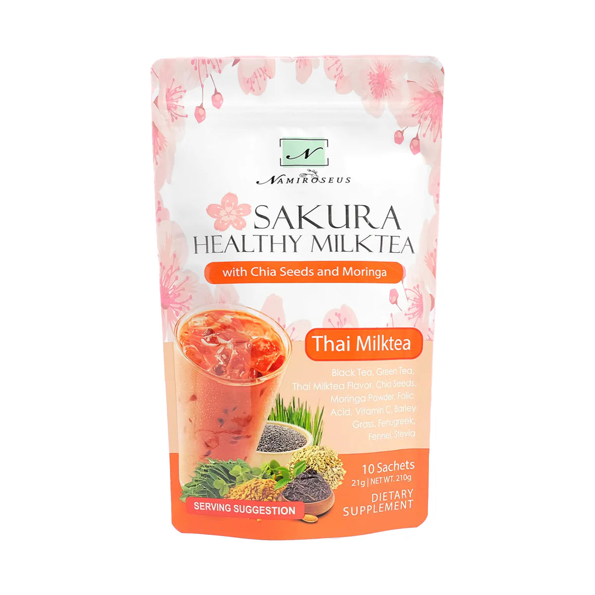 Packaging of Sakura Healthy Milk Tea with cherry blossom design on a white background