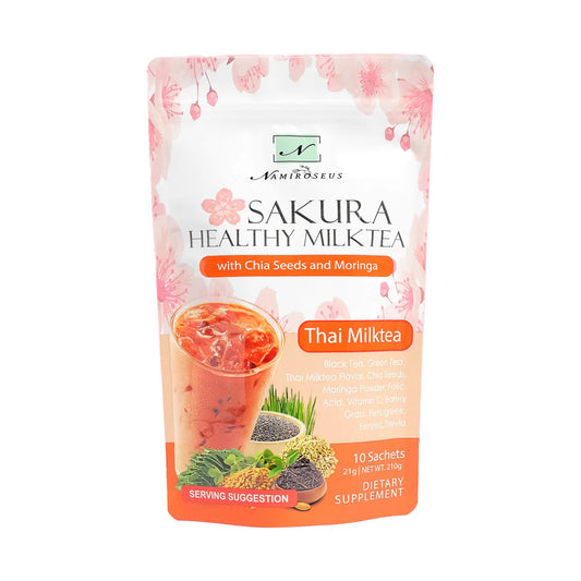 Packaging of Sakura Healthy Milk Tea with cherry blossom design on a white background