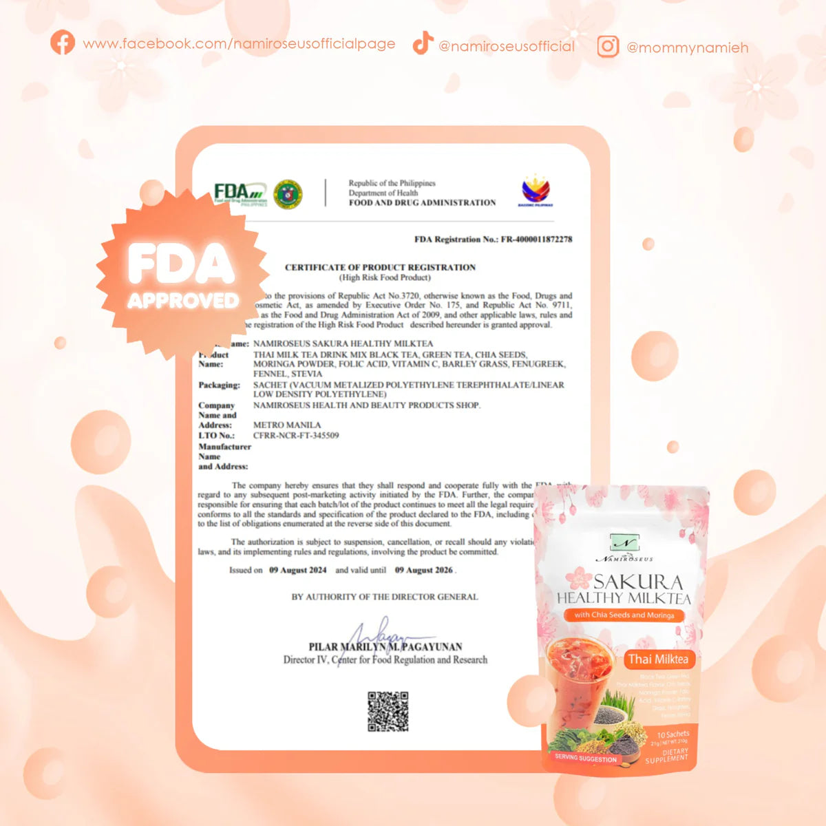 Sakura Healthy Milk Tea package with FDA approval certificate on a light pink background