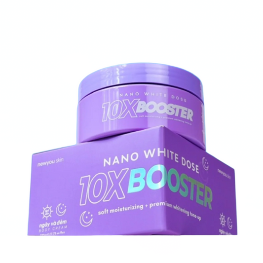 Purple '10X Booster' cream container with box against a blue sky background