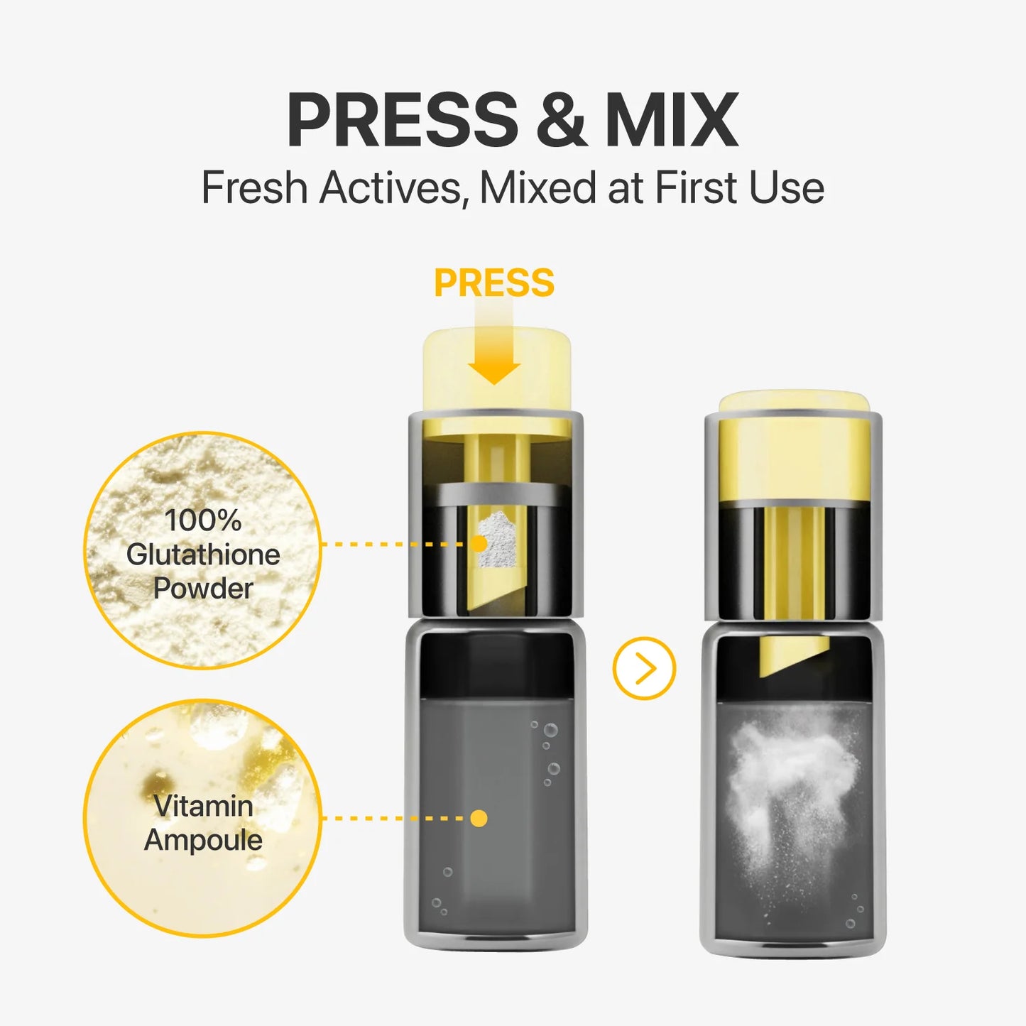 Product packaging with 'Press & Mix' feature, showing glutathione powder and vitamin ampoule components.