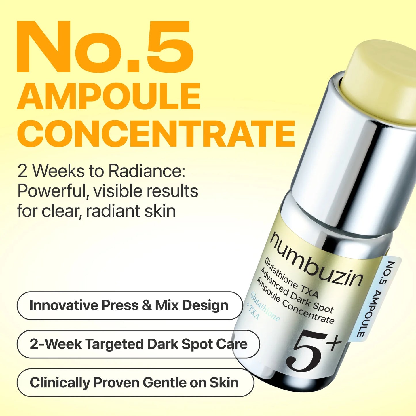Humbuzin No.5 Ampoule Concentrate skincare product with text on a yellow background