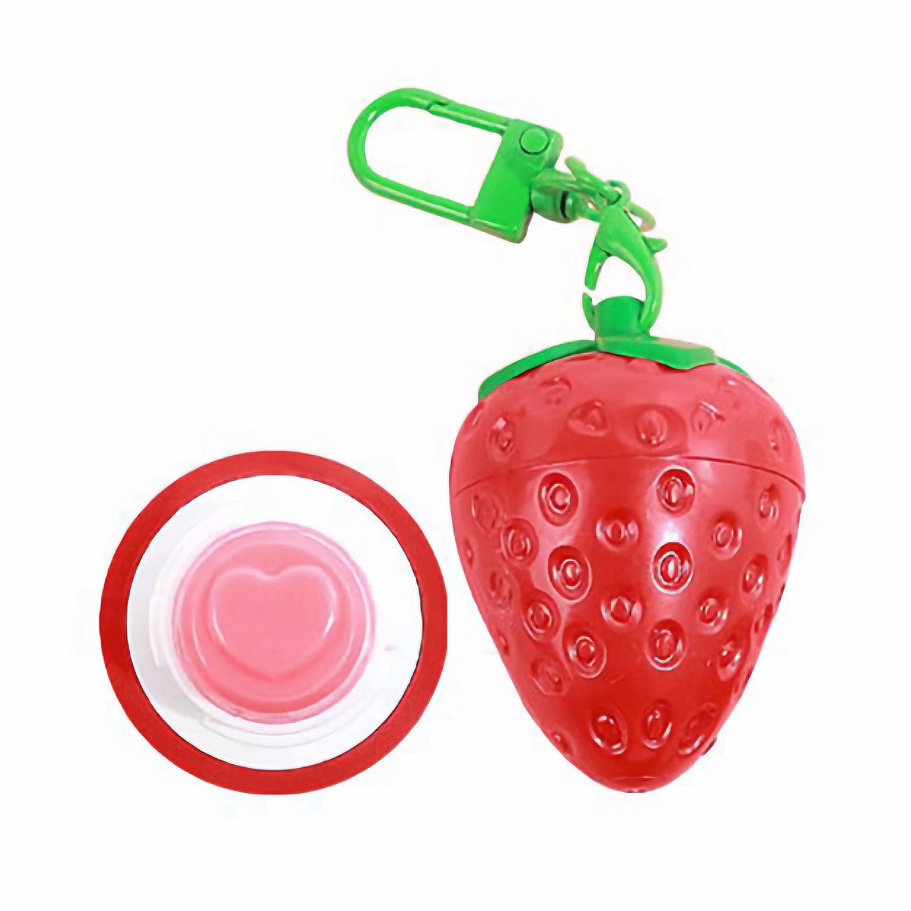 Strawberry-shaped container with a green clip on a white background