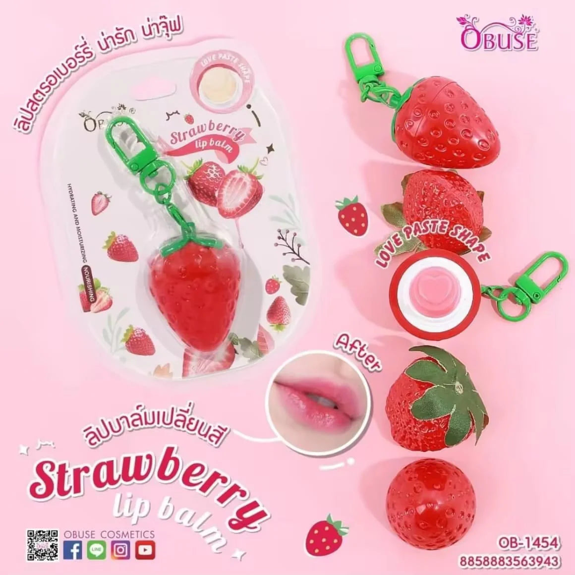Strawberry-themed lip balm with OBUSE branding on a pink background