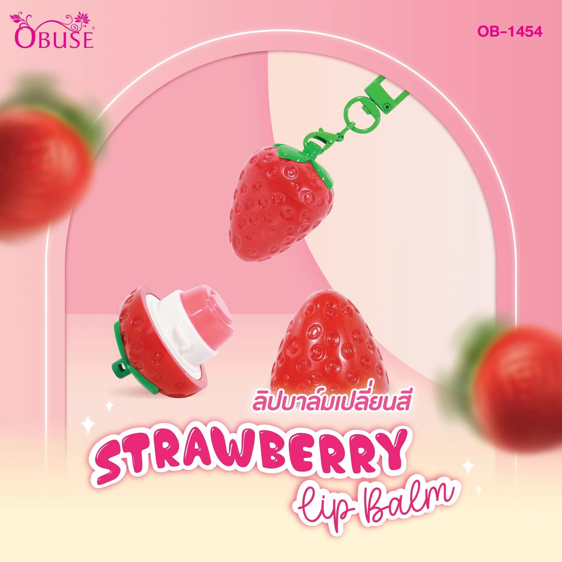 Strawberry-shaped lip balm with a pink background and OBUSE branding.
