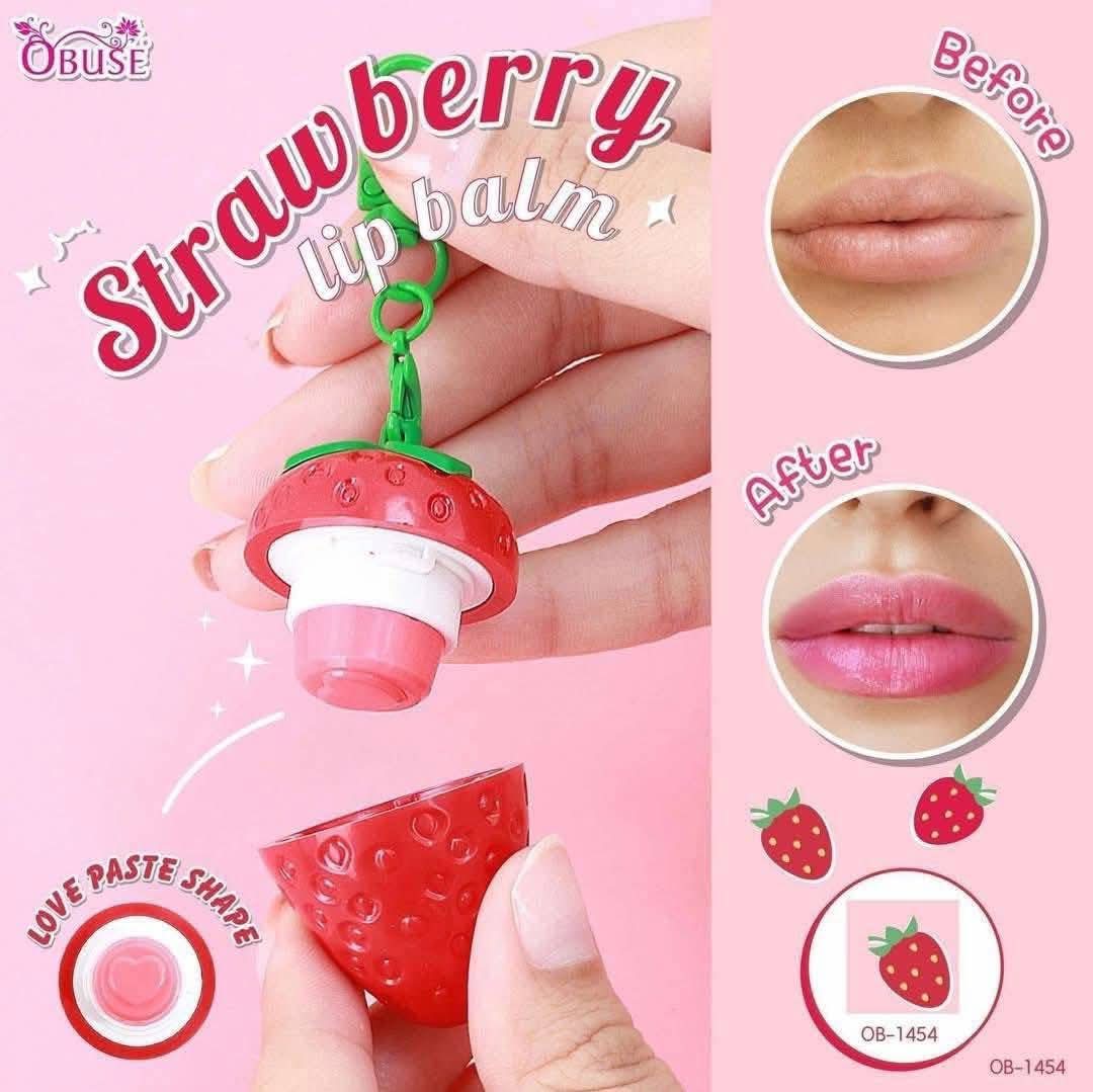 Strawberry-shaped lip balm with before and after effects on lips, OBUSE brand visible.
