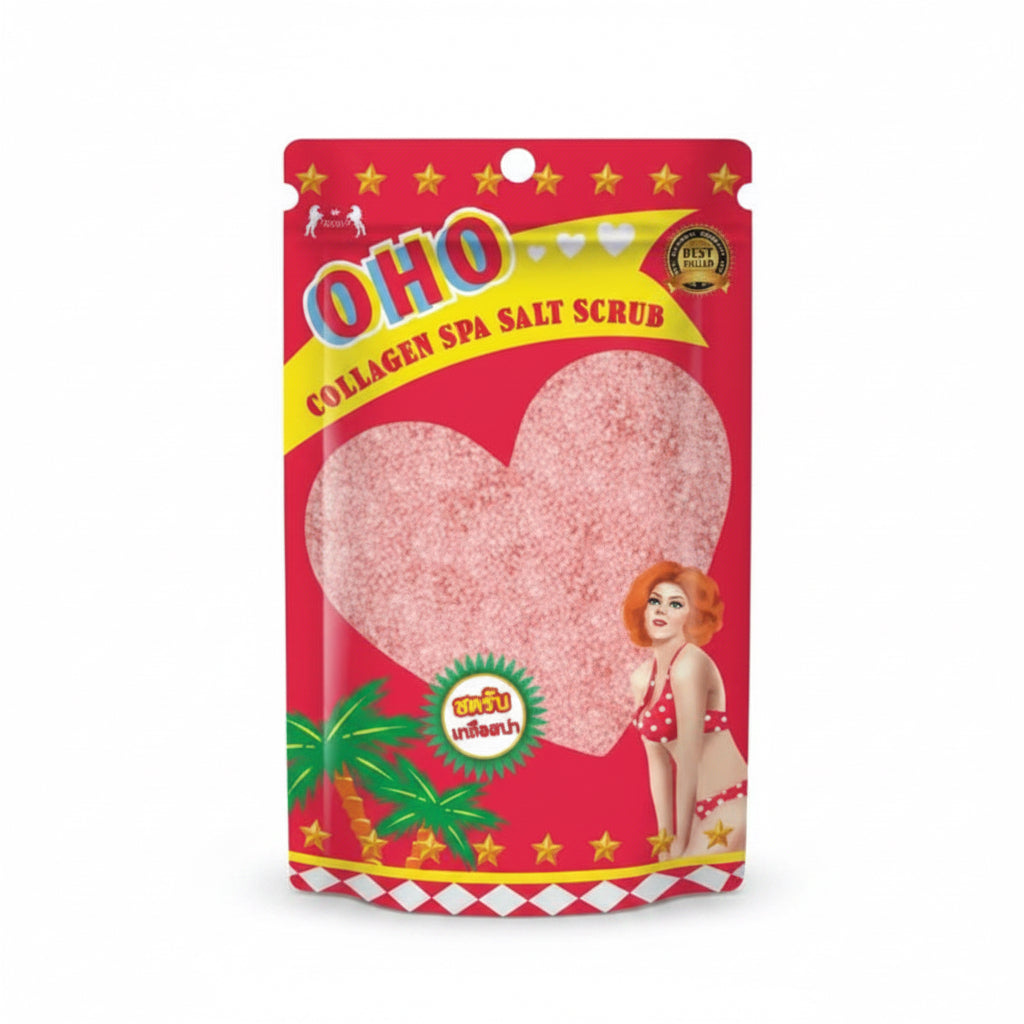 OHO Collagen Spa Salt Scrub in a red stand-up pouch with a large heart-shaped window showing pink salt scrub inside, plus tropical and retro graphics on a white background.