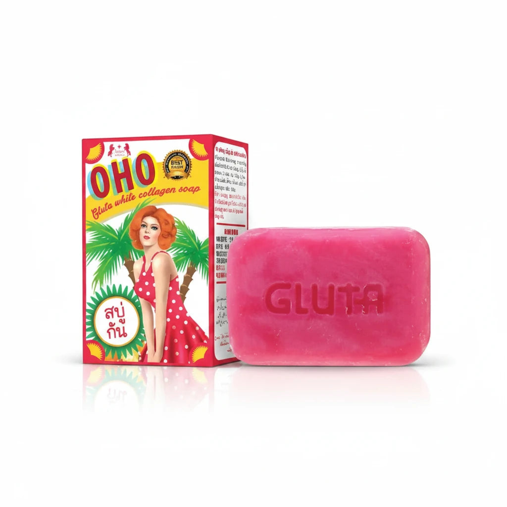 Pink bar of soap with 'GLUTA' branding next to its packaging on a white background
