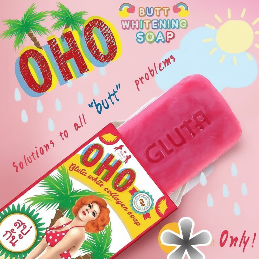 Pink butt whitening soap bar with its colorful retail box on a pink illustrated background featuring tropical graphics and text.