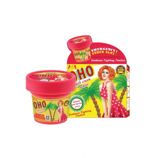 A jar of OHO Soft Cream White alongside its retail packaging box, both featuring a vibrant red lid and tropical palm tree graphics with a retro-style woman in a red polka-dot dress.