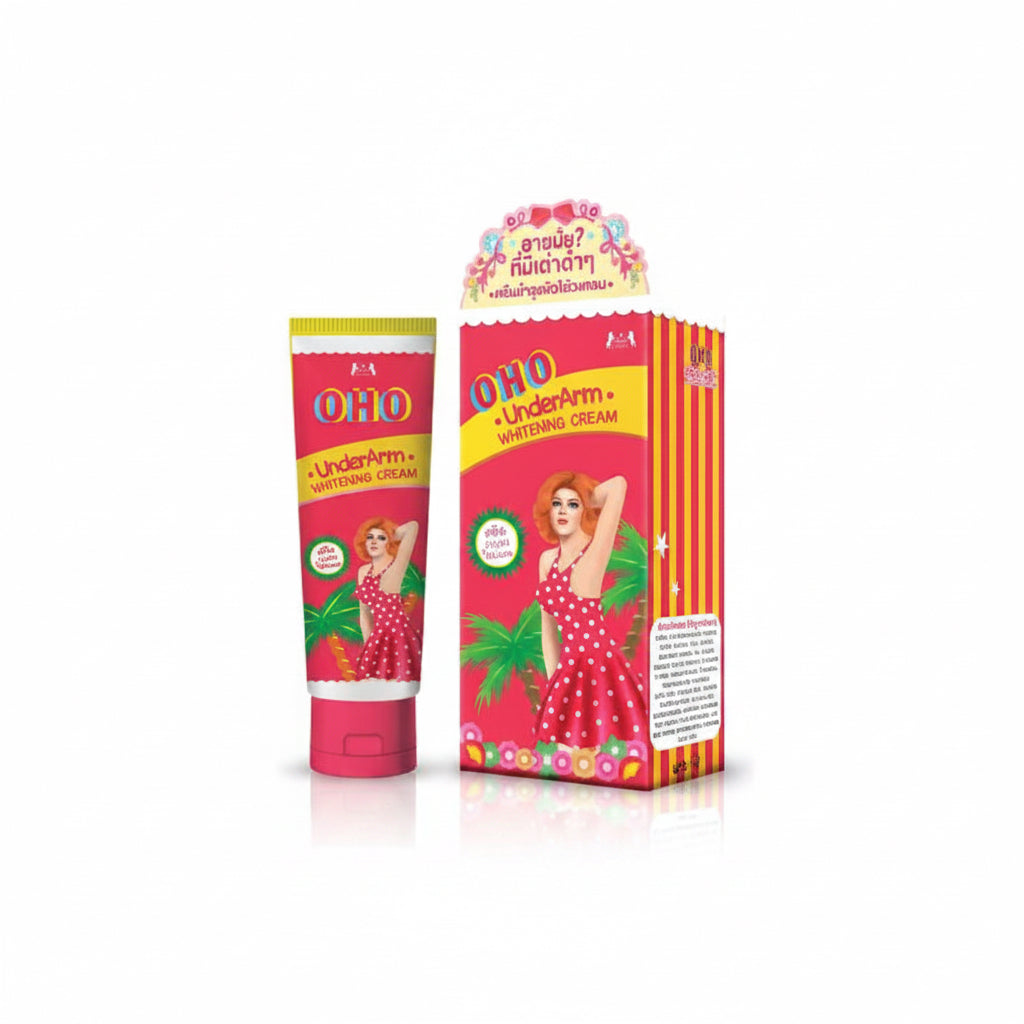 OHO UnderArm Whitening Cream 15g tube and matching retail box on a white background with OHO Official Store branding and a pink banner at the bottom.
