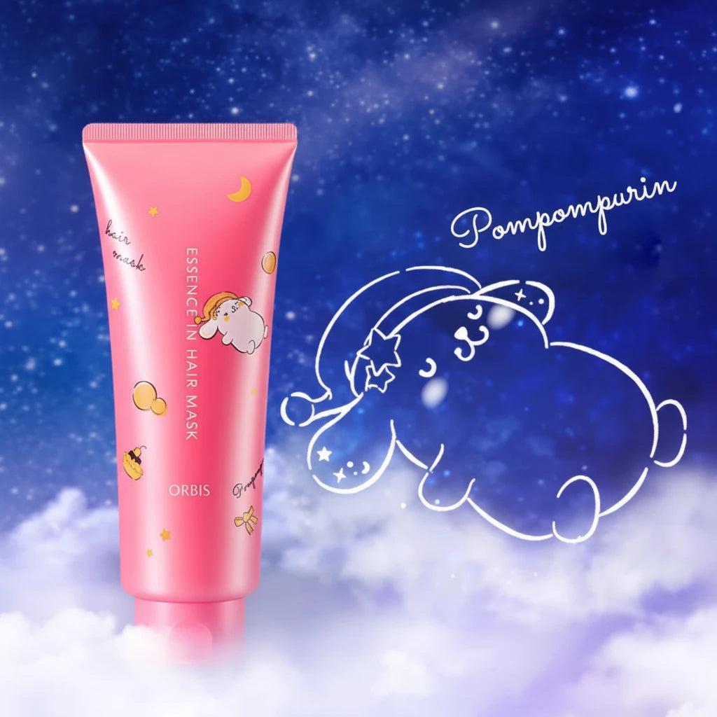 Pink hair mask tube with cartoon character on a blue and white cloud background, featuring the brand 'Pomponpurin'.