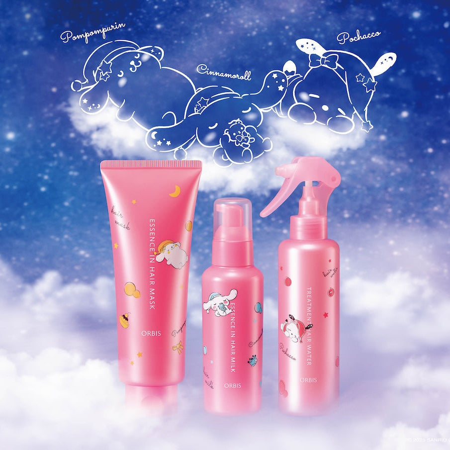 Set of pink skincare products with cartoon characters against a blue sky and cloud background