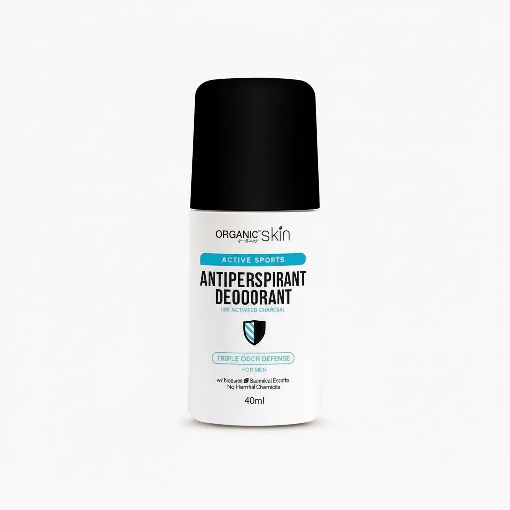 Organic Skin deodorant bottle with benefits listed on a white background