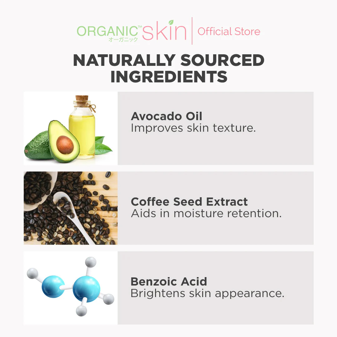 Organic Skin product listing with naturally sourced ingredients like avocado oil, coffee seed extract, and benzoic acid.